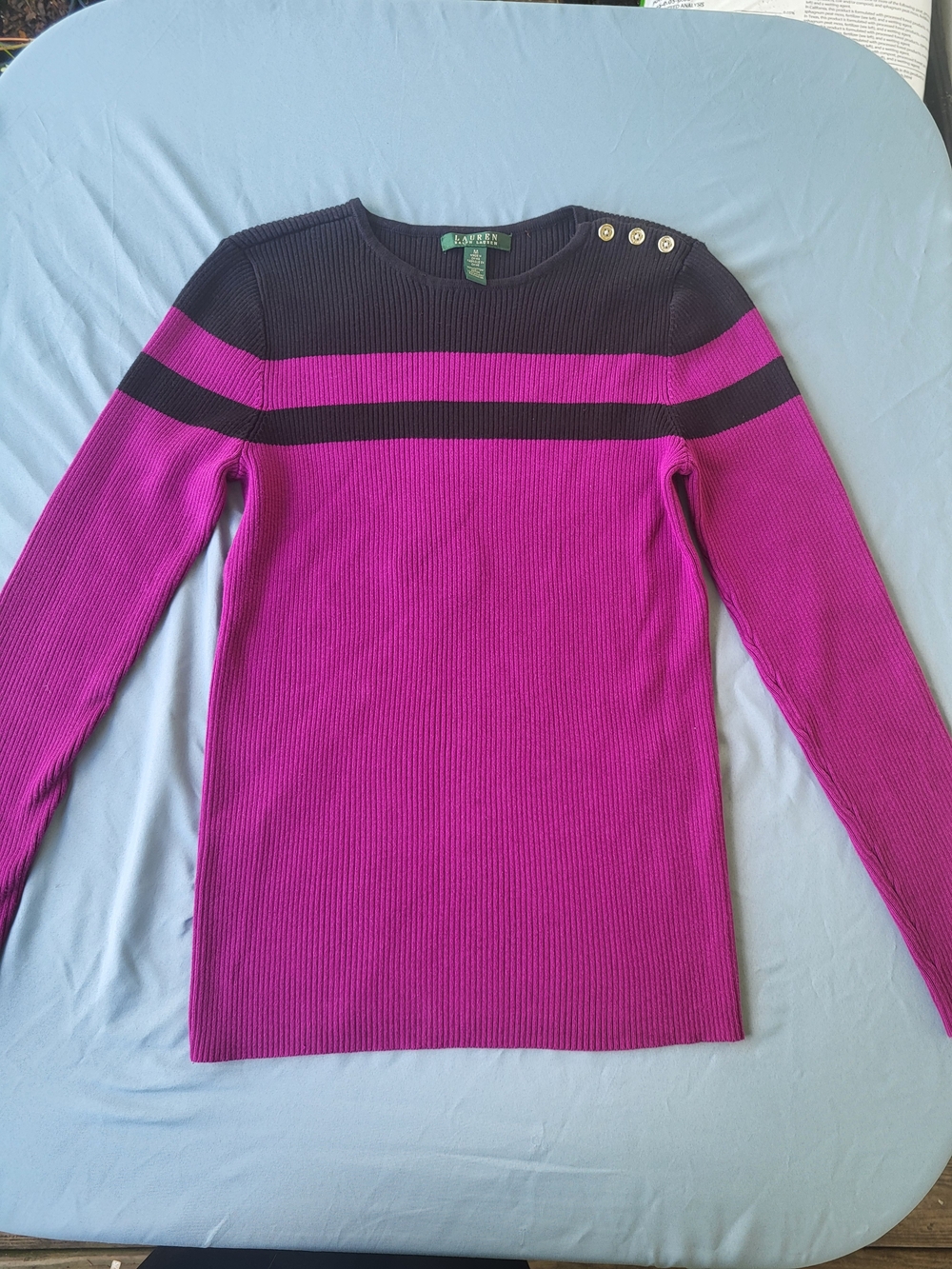 Lauren Ralph Lauren Magenta and Black Striped Ribbed Long Sleeve Top